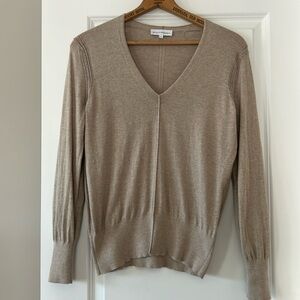 White + Warren V-Neck Sweater w Crochet Detail. Cotton/Nylon/Silk Khaki/Ecru/Tan